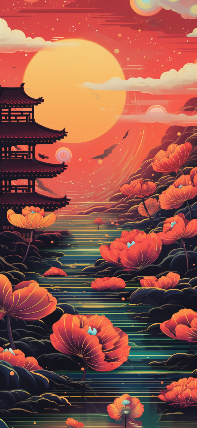 湖泊荷花阁楼晚霞古典祥云国潮风中国风传统文化节日插画,插画/手绘图,插画/手绘图库,插画/手绘图下载,插画/手绘